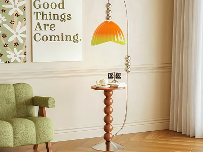 Orange Yellow Gradient Shade Silver Pole Floor Lamp With Wooden Base Next To Green Sofa 3d model