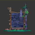 Fairy Tale Style Cottage With Blue Roof Smoking Chimney Green Trees And Mushrooms