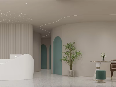 Minimalist Beauty Salon Interior With White Curved Reception Desk Green Doors And Plants 3d model
