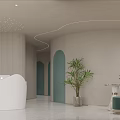 Minimalist Beauty Salon Interior With White Curved Reception Desk Green Doors And Plants