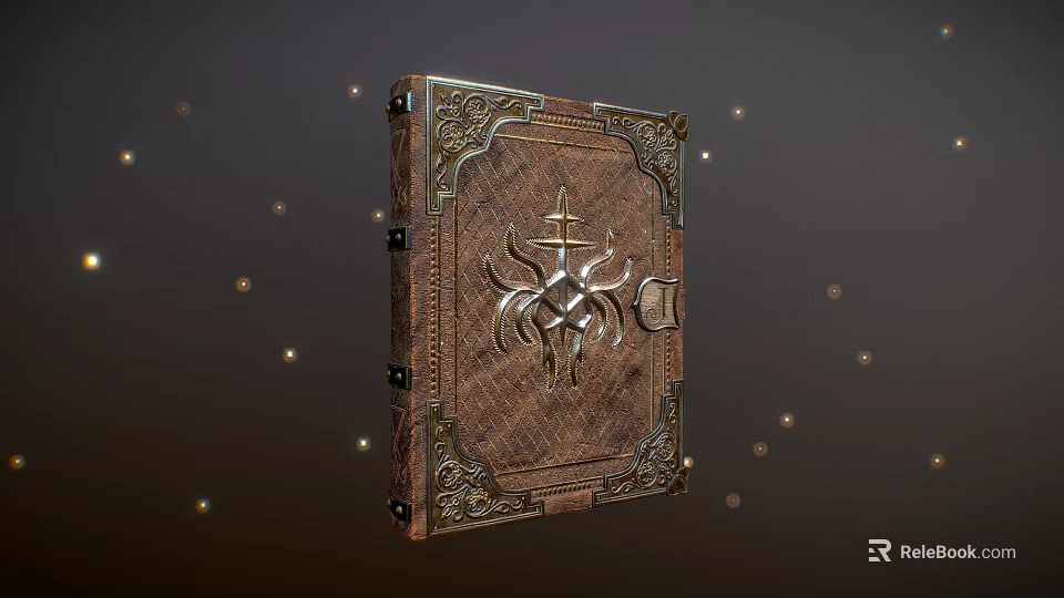 Ancient Brown Book With Intricate Carvings And Golden Light Spots 3d model 
