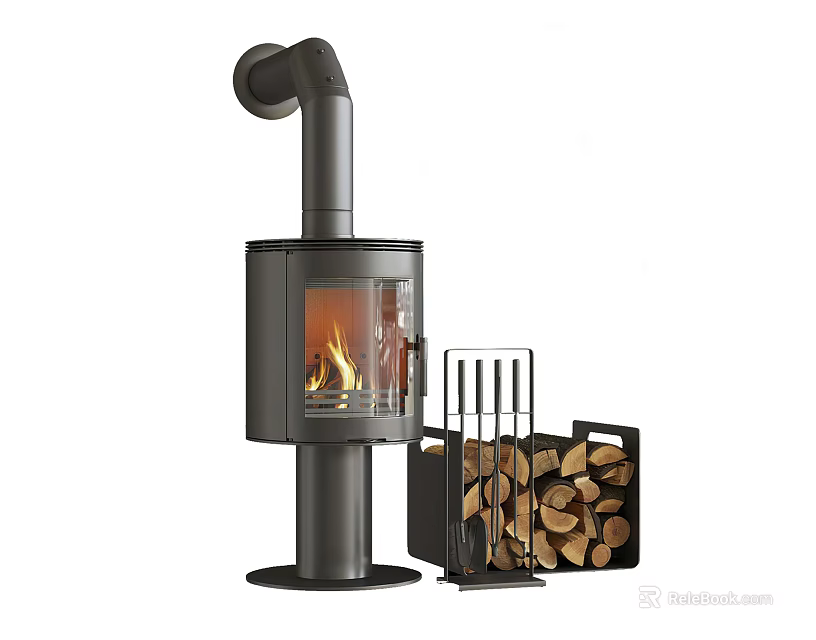 Modern Black Wood Burning Stove With Glass Door Burning Fire And Firewood Log Holder 3d model 