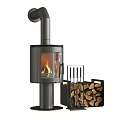 Modern Black Wood Burning Stove With Glass Door Burning Fire And Firewood Log Holder