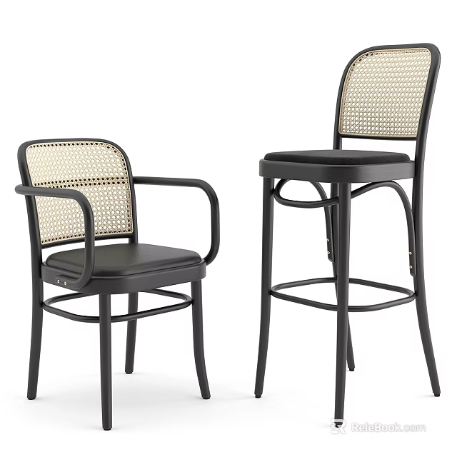 Stylish Black Metal Frame Rattan Back Padded Seat Dining Armchair And Matching High Bar Stool 3d model 
