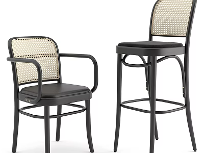 Stylish Black Metal Frame Rattan Back Padded Seat Dining Armchair And Matching High Bar Stool 3d model