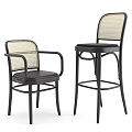Stylish Black Metal Frame Rattan Back Padded Seat Dining Armchair And Matching High Bar Stool