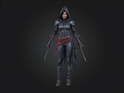 Hooded Female Warrior In Leather Armor With Dual Swords And Dark Background 3d model