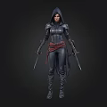 Hooded Female Warrior In Leather Armor With Dual Swords And Dark Background