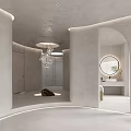 Modern Beauty Hair Salon Interior With Circular Pillar Shelves Holding Beauty Products Sofas And Mirrors