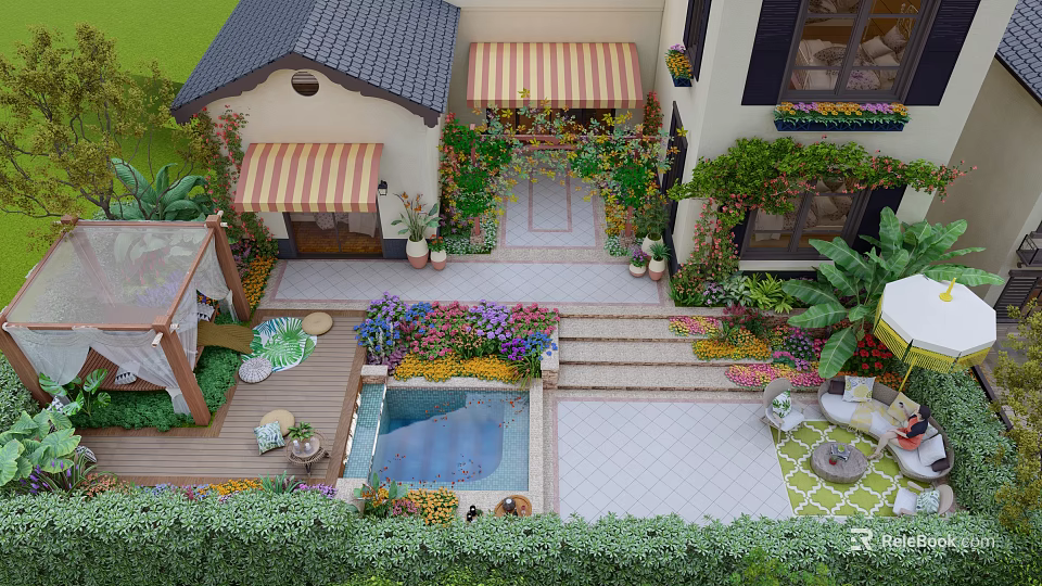 Charming Garden Courtyard With Striped Awnings Greenery Covered Walls Colorful Flowers Pool And Stone Steps 3d model 