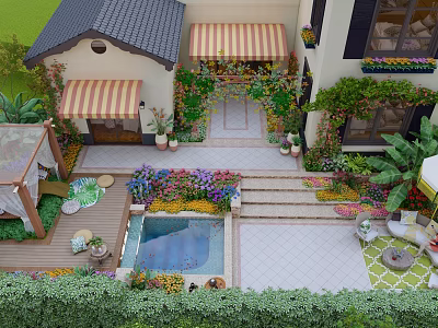 Charming Garden Courtyard With Striped Awnings Greenery Covered Walls Colorful Flowers Pool And Stone Steps 3d model