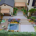 Charming Garden Courtyard With Striped Awnings Greenery Covered Walls Colorful Flowers Pool And Stone Steps