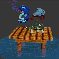 Floating Blue Cartoon Characters and Gray White Cat Standing on Wooden Platform with Bubbles