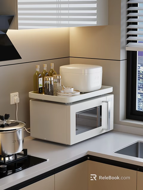 Modern Kitchen Countertop With White Microwave Rice Cooker Olive Oil Bottles And Tea Cups 3d model 