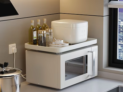 Modern Kitchen Countertop With White Microwave Rice Cooker Olive Oil Bottles And Tea Cups 3d model
