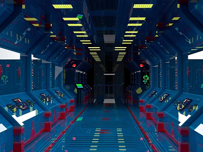 Colorful Cartoon Spaceship Interior With Blue Control Panels Yellow Lights And Red Accents 3d model