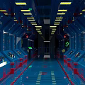 Colorful Cartoon Spaceship Interior With Blue Control Panels Yellow Lights And Red Accents
