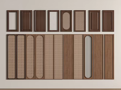 Various Wooden Cabinet Door Designs With Glass Panels Grid Patterns And Brown Wood Tones 3d model