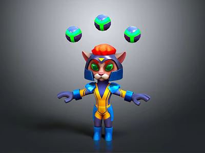 3D Cat Character With Blue Yellow Armor Red Helmet Green Eyes Juggling Floating Spheres 3d model