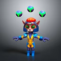 3D Cat Character With Blue Yellow Armor Red Helmet Green Eyes Juggling Floating Spheres