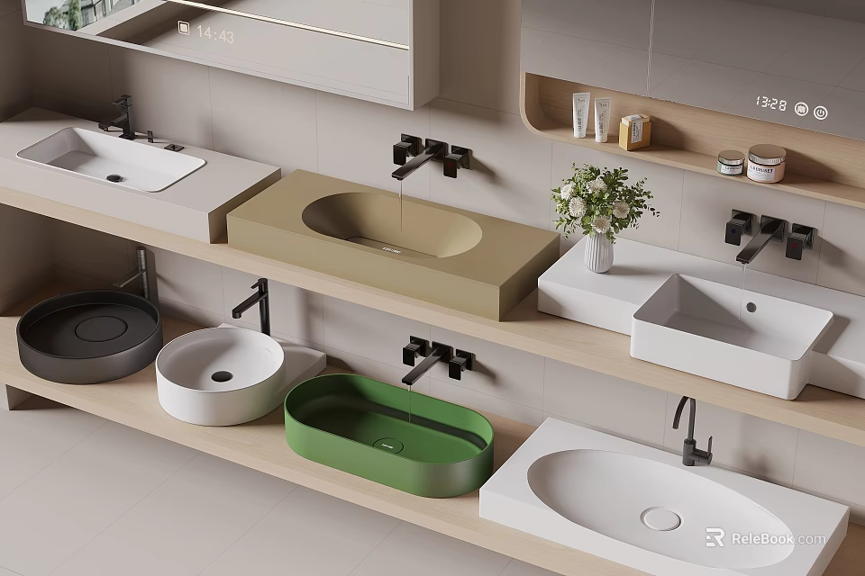 Various Colorful Countertop Sinks with Wall Mounted Faucets and Decorative Elements 3d model 