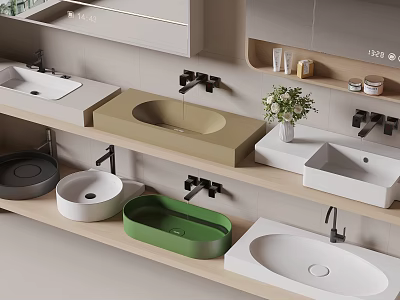 Various Colorful Countertop Sinks with Wall Mounted Faucets and Decorative Elements 3d model