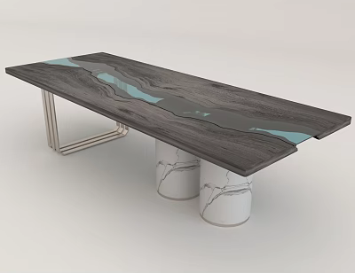 Elegant Tea Table with Dark Wooden Tabletop Blue Vein Pattern and White Marble Legs 3d model
