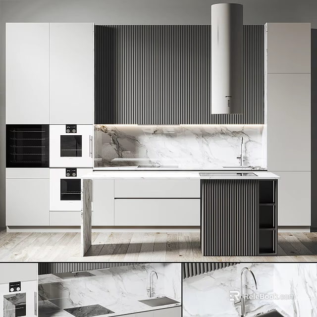 Modern Kitchen Interior With Marble Countertop Island And Black White Cabinets 3d model 