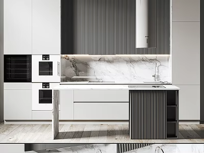 Modern Kitchen Interior With Marble Countertop Island And Black White Cabinets 3d model