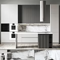 Modern Kitchen Interior With Marble Countertop Island And Black White Cabinets