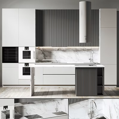 Modern Kitchen Interior With Marble Countertop Island And Black White Cabinets 3d model