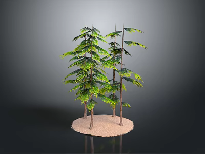 Three Lush Green Trees with Brown Trunks on Sandy Base and Dark Background 3d model