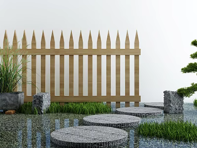 Serene Garden Yard With Wooden Pointed Fence Stone Stepping Stones And Green Plants 3d model