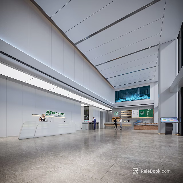 Modern Front Desk Reception Area With Company Logo And Spacious Interior 3d model