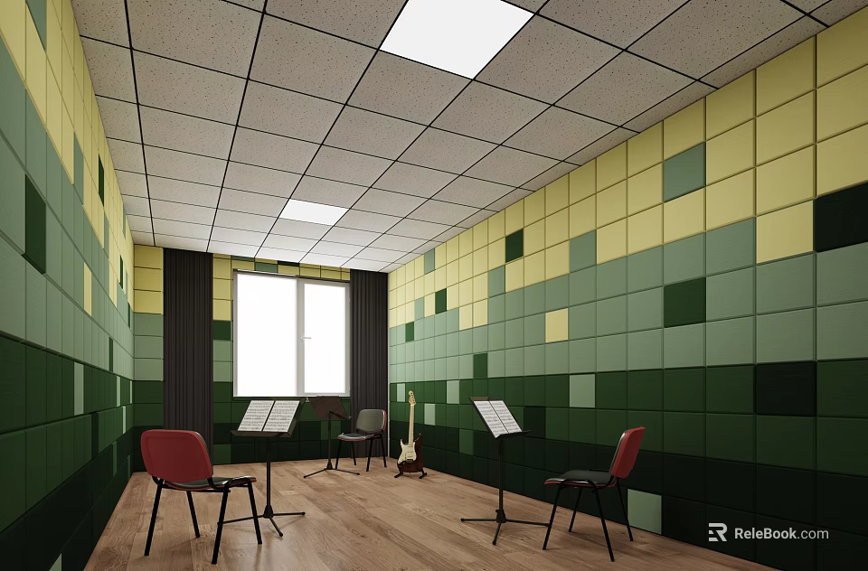 Wooden Shoe Bench In Room With Green Yellow Walls Red Chairs And Guitar 3d model 