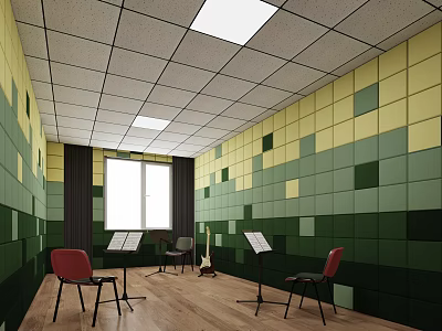 Wooden Shoe Bench In Room With Green Yellow Walls Red Chairs And Guitar 3d model