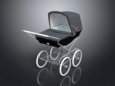 Elegant Vintage Baby Pram With Black Body White Wheels And Transparent Patterned Canopy 3d model