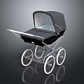 Elegant Vintage Baby Pram With Black Body White Wheels And Transparent Patterned Canopy