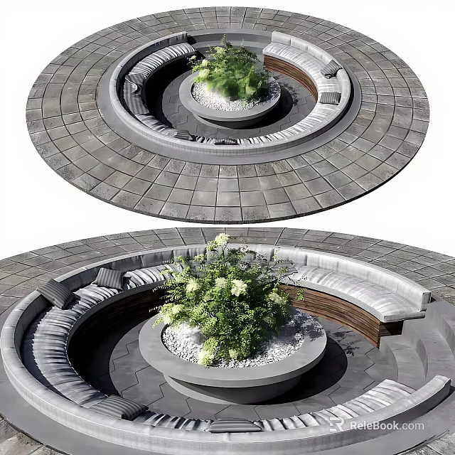 Circular Outdoor Seating Area Design With Central Planter Green Plants And Gray Paved Flooring 3d model 