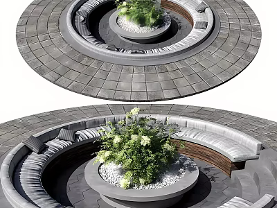 Circular Outdoor Seating Area Design With Central Planter Green Plants And Gray Paved Flooring 3d model