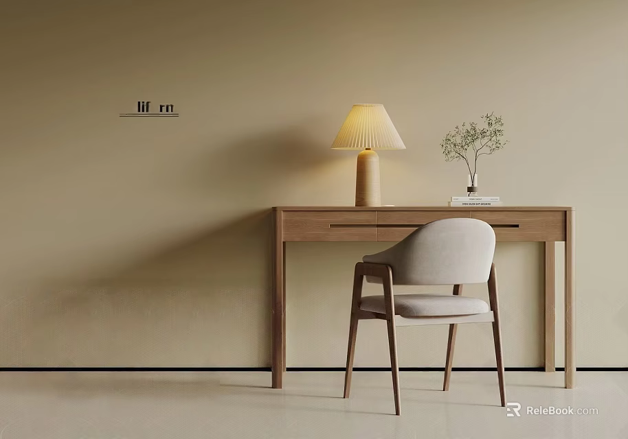 Minimalist Modern Wooden Desk with Table Lamp Small Plant and Chair in Beige Room 3d model 