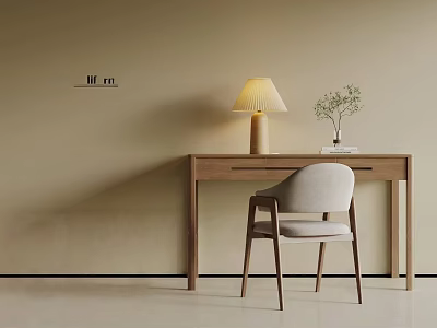 Minimalist Modern Wooden Desk with Table Lamp Small Plant and Chair in Beige Room 3d model