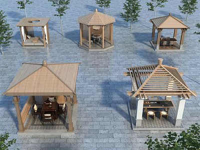 Wooden Pavilions With Diverse Designs On Stone Paved Ground And Trees 3d model