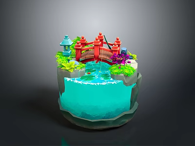 Miniature Decorative Scene with Red Bridge Blue Water Green Plants and Pagoda Structures 3d model