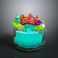 Miniature Decorative Scene with Red Bridge Blue Water Green Plants and Pagoda Structures