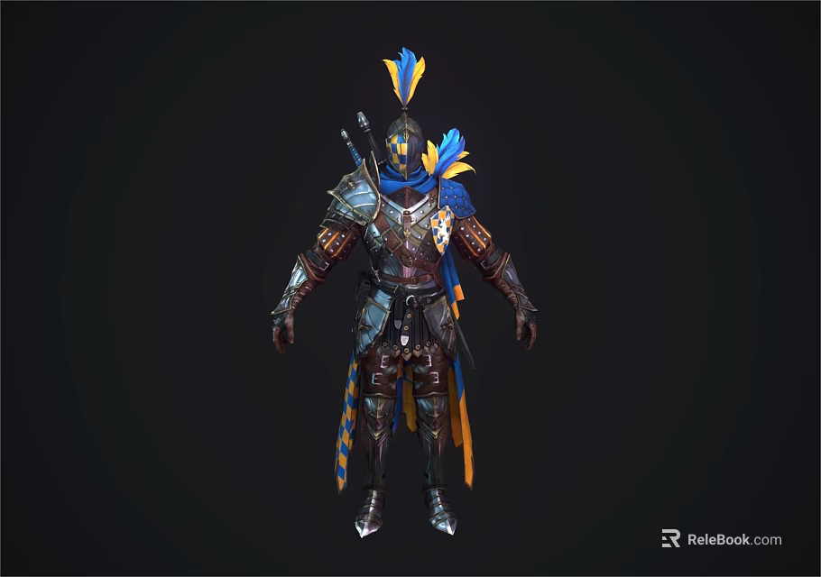 Game Movie Character in Detailed Ornate Armor with Blue Yellow Feather Accents and Metallic Details 3d model 