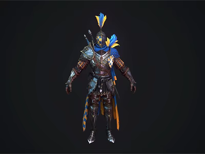 Game Movie Character in Detailed Ornate Armor with Blue Yellow Feather Accents and Metallic Details 3d model