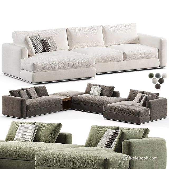 Modern Sectional Sofa With Comfortable Pillows In White Gray And Green Colors 3d model 