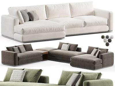 Modern Sectional Sofa With Comfortable Pillows In White Gray And Green Colors 3d model