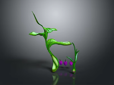 Unique Decorative Plant With Curved Green Stems Lush Leaves and Small Purple Fruits 3d model